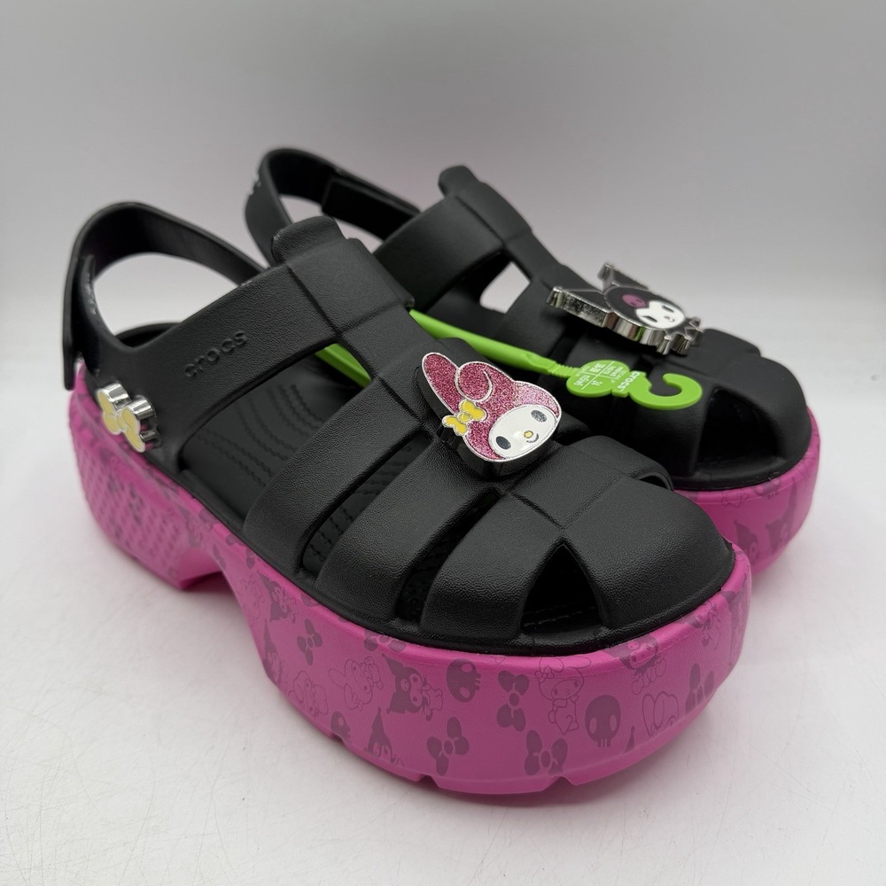 Crocs My Melody Kuromi Stomp Sandals Womens 8 Pink Black Platform Hello Kitty